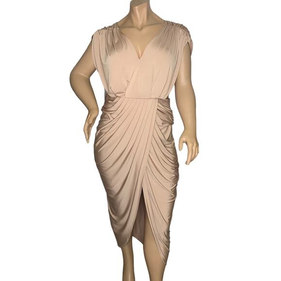 Pía Gladys Perey Carla NWT Draped Dress Tan (Latte) Size 14 Mock Overlap - Picture 1 of 10
